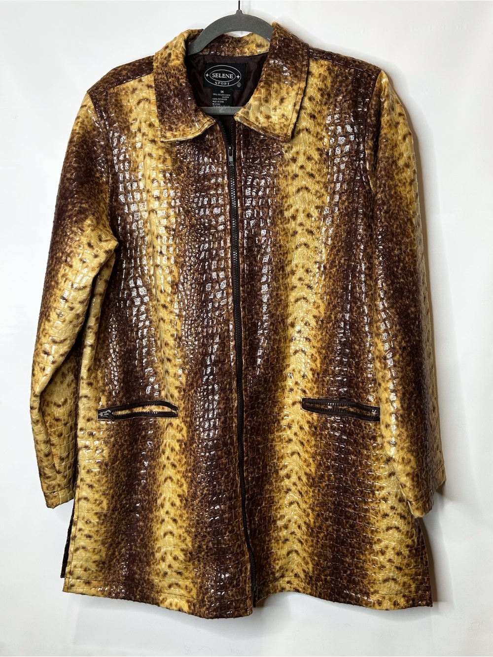 Selene Sport Brown & Tan Croc-Effect Leather Zip Coat